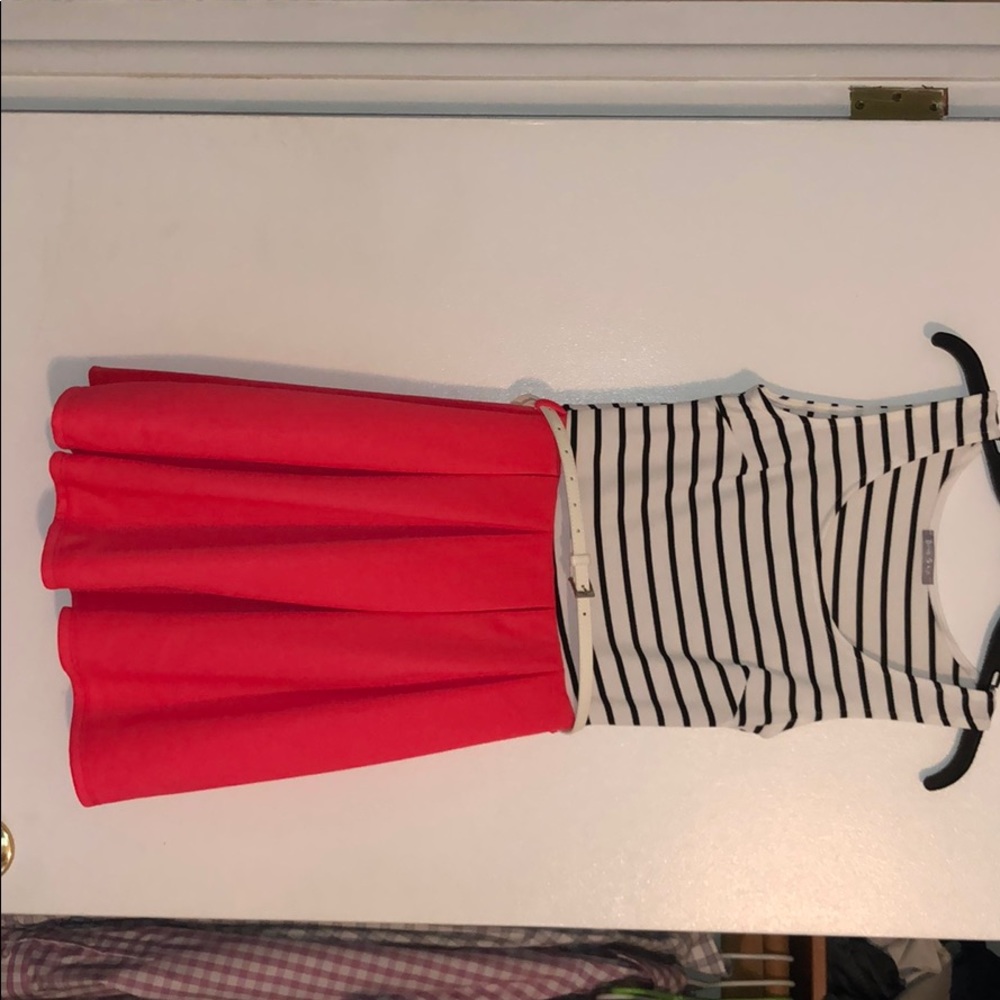 Striped and Coral Dress with Belt